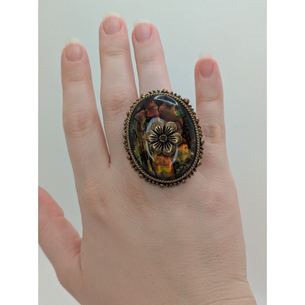 Steven Dweck Bronze Carved Flower Abalone Large Oval Statement Ring Size 7